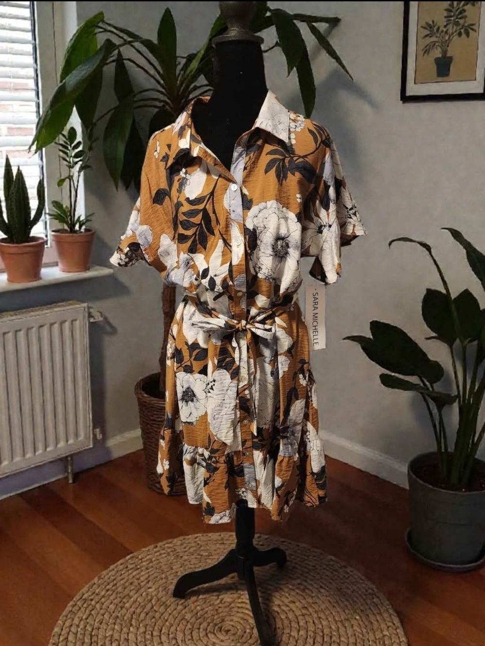 Sara Michelle Mustard and White Floral Tie-Waist Shirt Dress